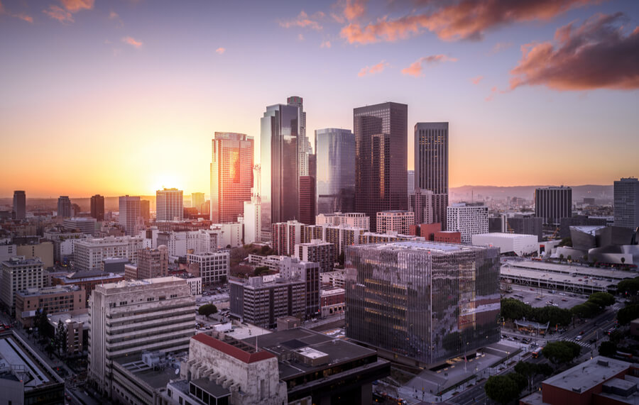 Sunset over Los Angeles downtown