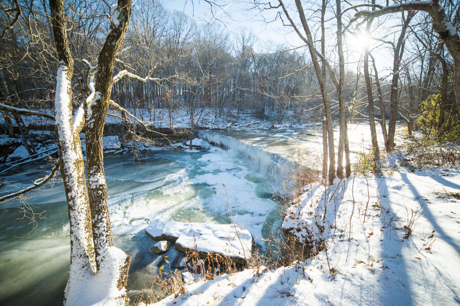 Anderson Falls) and River in Winter on a Bright Sunny Day